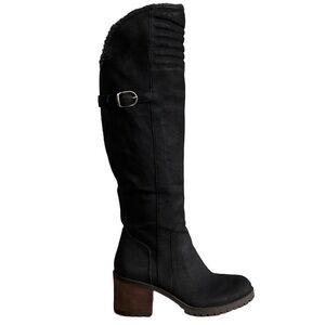 Lucky Brand Narlee Black Leather Faux Fur Over the Knee Chunky Heel Boots sz 10